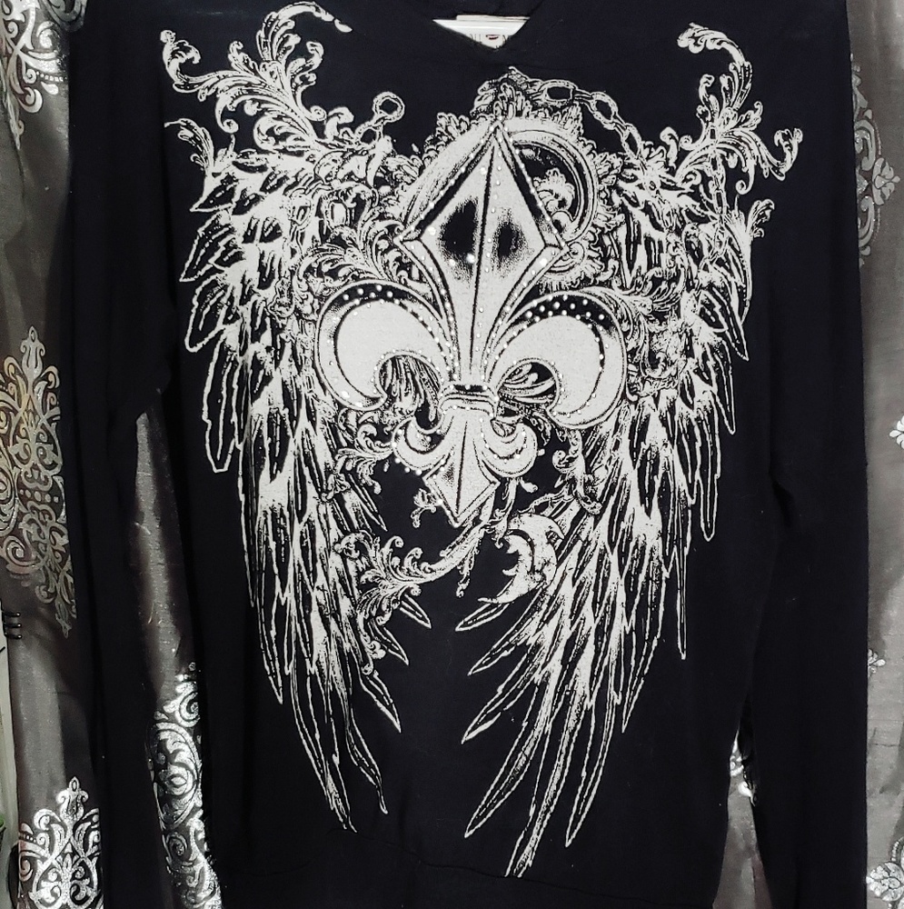 Black Fleur-de-lis rhinestone long sleeve top